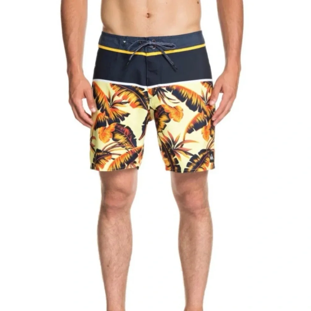 Quiksilver yellow & navy palm leaf blue board Shorts swimwear summer trunks